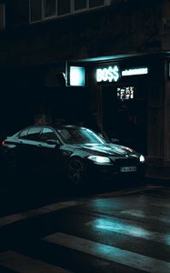 Превью обои bmw, автомобиль, черный, мокрый, темный