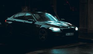 Превью обои bmw, автомобиль, черный, мокрый, темный