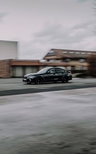 Превью обои bmw, автомобиль, черный, скорость, дорога