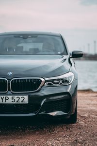Превью обои bmw, автомобиль, черный, вид спереди, побережье
