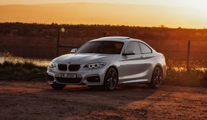 Превью обои bmw, автомобиль, вид сбоку, серый, закат