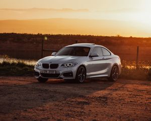 Превью обои bmw, автомобиль, вид сбоку, серый, закат