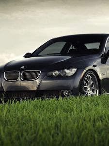 Превью обои bmw, bmw 3 series coupe 335i coupe, газон, трава, черный, бмв