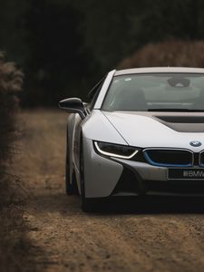 Превью обои bmw i8, bmw, автомобиль, белый, вид спереди
