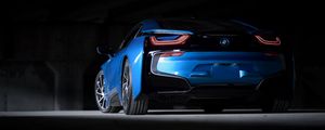 Превью обои bmw i8, bmw, машина, синий, спорткар, суперкар, вид сзади