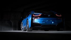 Превью обои bmw i8, bmw, машина, синий, спорткар, суперкар, вид сзади