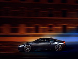 Превью обои bmw i8, bmw, скорость, движение, ночь