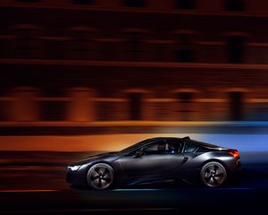 Превью обои bmw i8, bmw, скорость, движение, ночь
