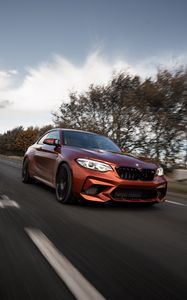Превью обои bmw m2, bmw, автомобиль, коричневый, дорога, скорость