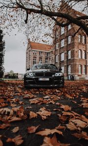 Превью обои bmw m3, bmw, автомобиль, черный, вид спереди, осень