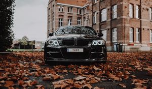 Превью обои bmw m3, bmw, автомобиль, черный, вид спереди, осень