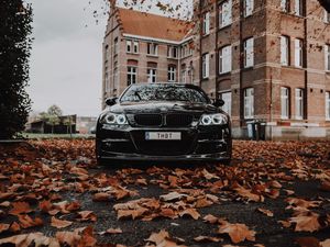 Превью обои bmw m3, bmw, автомобиль, черный, вид спереди, осень