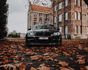 Превью обои bmw m3, bmw, автомобиль, черный, вид спереди, осень