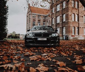 Превью обои bmw m3, bmw, автомобиль, черный, вид спереди, осень