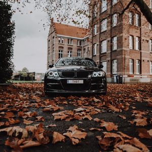 Превью обои bmw m3, bmw, автомобиль, черный, вид спереди, осень