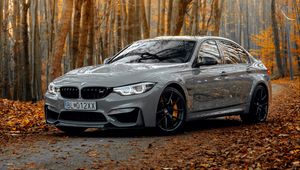 Превью обои bmw m3, bmw, автомобиль, серый, вид сбоку, лес, осень