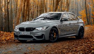 Превью обои bmw m3, bmw, автомобиль, серый, вид сбоку, лес, осень