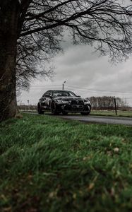 Превью обои bmw m3, bmw, автомобиль, черный, трава, дорога