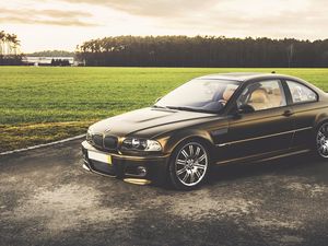 Превью обои bmw, m3, черный, вид сбоку, трава, деревья