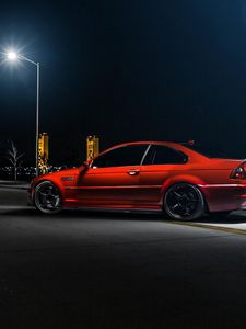 Превью обои bmw, m3, e46, авто, красный, вид сбоку, ночь