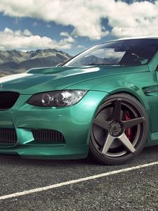 Превью обои bmw, m3, e92, green, бмв, м3, авто, машина, зелёная, дорога, небо, облака