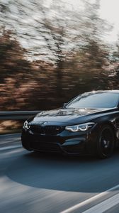 Превью обои bmw m4, bmw, автомобиль, движение, скорость, черный, дорога