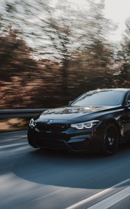 Превью обои bmw m4, bmw, автомобиль, движение, скорость, черный, дорога