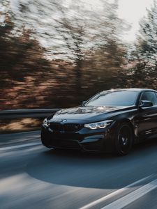 Превью обои bmw m4, bmw, автомобиль, движение, скорость, черный, дорога