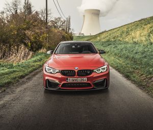 Превью обои bmw m4, bmw, автомобиль, красный, вид спереди