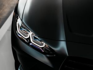 Превью обои bmw m4, bmw, автомобиль, черный, фара, вид спереди