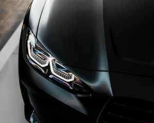 Превью обои bmw m4, bmw, автомобиль, черный, фара, вид спереди