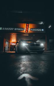 Превью обои bmw, машина, серый, фары, свет, ночь