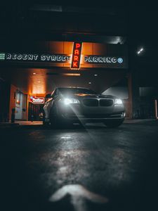 Превью обои bmw, машина, серый, фары, свет, ночь