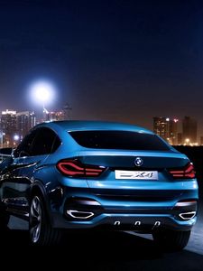 Превью обои bmw x4, bmw, вид сзади, синий, город, ночь