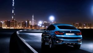 Превью обои bmw x4, bmw, вид сзади, синий, город, ночь