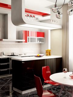 240x320 Обои бокалы, дизайн, красное, кухня, люстра, окно, стиль, стол, стулья