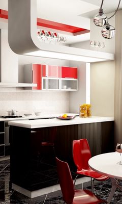 240x400 Обои бокалы, дизайн, красное, кухня, люстра, окно, стиль, стол, стулья
