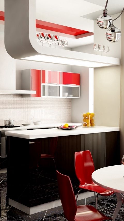 480x854 Обои бокалы, дизайн, красное, кухня, люстра, окно, стиль, стол, стулья