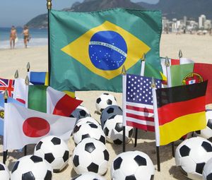 Превью обои brazil, fifa, world cup, 2014, пляж, мячи, футбол, болельщики