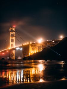 Превью обои bridge, night city, lights, glow, water