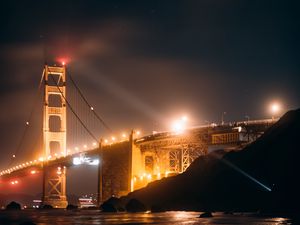 Превью обои bridge, night city, lights, glow, water