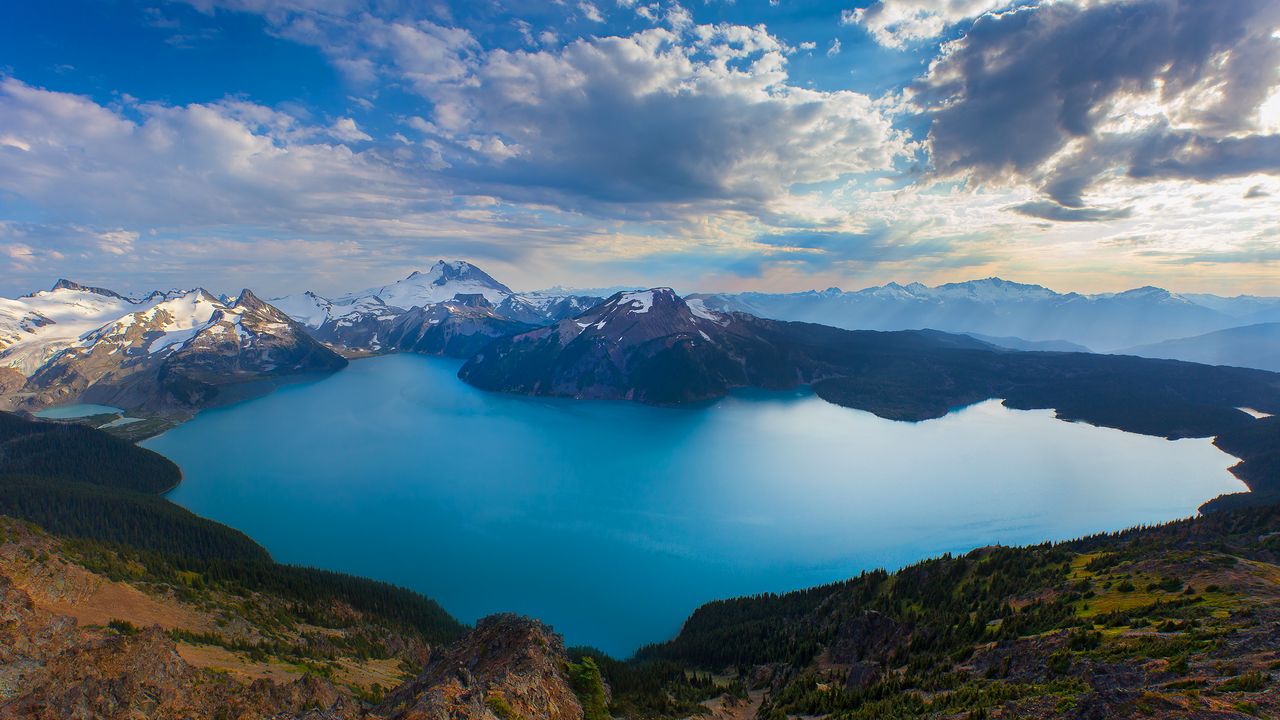 Обои британская колумбия, канада, горы, озеро, вид сверху
