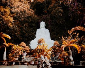 Превью обои будда, буддизм, гармония, скульптура, деревья, растения