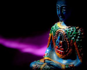 Превью обои будда, буддизм, медитация, статуэтка, скульптура, тени, темный