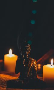 Превью обои будда, статуэтка, свечи, буддизм, гармония