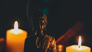 Превью обои будда, статуэтка, свечи, буддизм, гармония