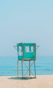 Превью обои будка, пляж, песок, море, горизонт