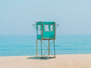 Превью обои будка, пляж, песок, море, горизонт