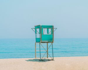 Превью обои будка, пляж, песок, море, горизонт