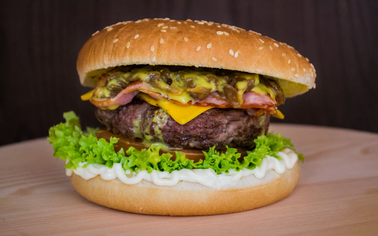 1440x900 Обои бургер, гамбургер, котлета, булочки, овощи